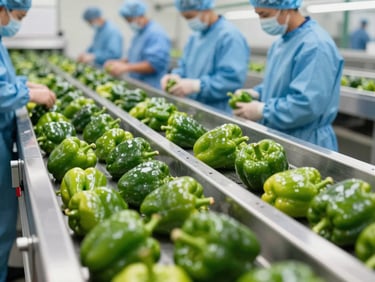 Clean stainless-steel grading line with fresh green bell peppers, workers in sterile uniforms, bright industrial lighting, 35mm