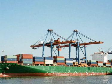 Container ship docked at a bustling port, cranes loading containers, clear blue sky, wide environmental shot, 35mm