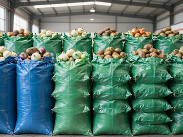 Neatly stacked sacks of onions and potatoes in a clean warehouse, high-key industrial lighting.