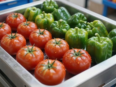 Close-up of vibrant, freshly harvested tomatoes and bell peppers on a stainless-steel grading line, bright natural daylight.