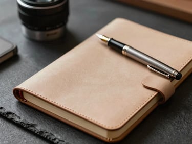 Close-up of a high-quality leather notebook and a metallic fountain pen resting on a dark slate table. Soft, directional natural light highlighting the texture of the paper.