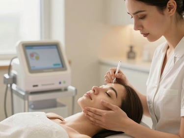 Pessoa recebendo tratamento facial em um ambiente clínico sofisticado, com foco na tecnologia e no cuidado, luz natural suave.