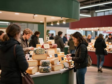 Vibrant but natural scene of a modern food market hall, people browsing artisanal cheese stalls, warm indoor glow.
