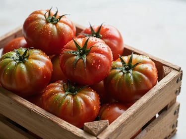 Overhead shot of freshly picked heirloom tomatoes with morning dew on a rustic wooden crate, soft overcast daylight.