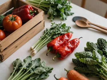 Overhead table spread of fresh organic vegetables, wooden crates, and rustic kitchen tools, soft diffused side-lighting, warm scandinavian tones, 35mm