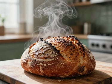 Close-up 35mm photo of steam rising from a fresh sourdough loaf in a cozy Scandinavian-style bakery kitchen, soft side-lighting.