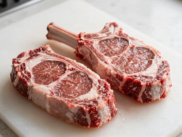 Two thick beef ribeye steaks on a clean butcher block, bright natural light, crisp focus