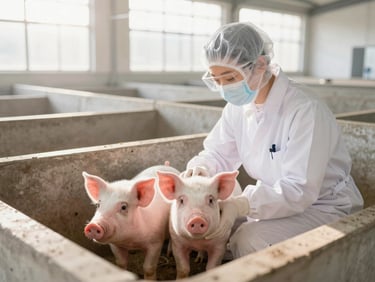 A professional veterinarian in clean white protective gear inspecting healthy young pigs in a bright, spacious, well-ventilated concrete pen, soft morning light filtering through.