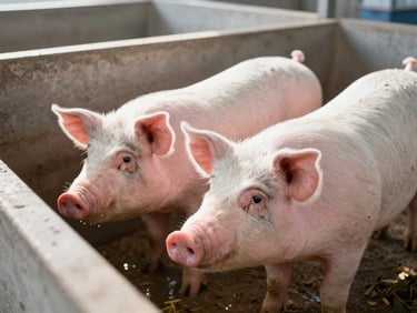 Bright close-up of healthy, active pigs in a clean, well-ventilated concrete pen with fresh water feeds, natural morning light.