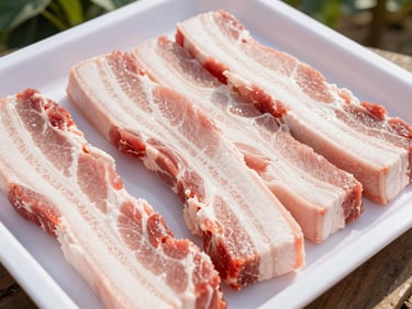 Fresh pork belly slabs neatly arranged on a clean white tray, bright natural morning light, professional presentation
