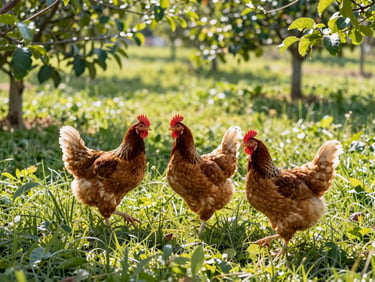 Free-range chickens roaming in a sunlit grassy orchard, vibrant green foliage, bright natural daylight, sharp focus on healthy poultry.