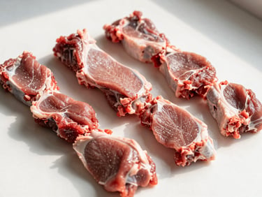Freshly portioned goat meat cuts on a clean white surface, natural morning sunlight, sharp focus