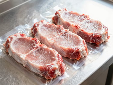 Crisp detailed shot of fresh, vacuum-sealed pork chops placed neatly on a sterile stainless steel counter, bright high-key lighting.