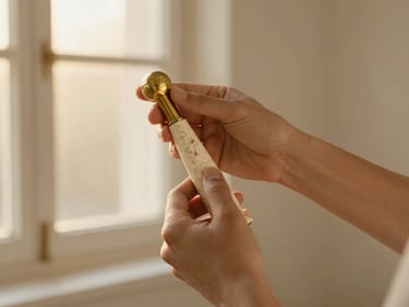A close-up of hands working with a brass and bone-textured surgical simulator, soft golden window light, warm ivory background