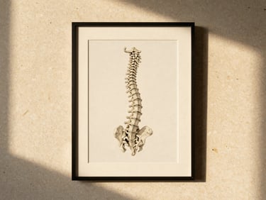 A premium framed print displaying a full-length spinal column illustration, set against a minimalist travertine backdrop