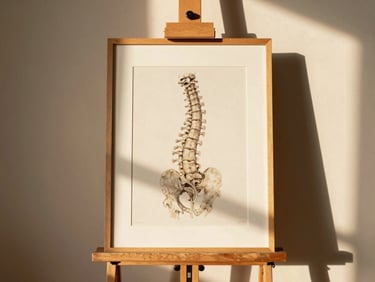 A framed archival print of a lumbar spine illustration on a heavy wooden easel, golden-hour light casting long soft shadows