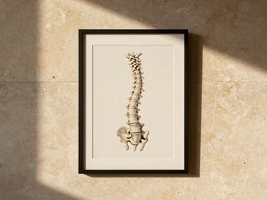 An elegant framed poster showing a minimalist anatomical drawing of the cervical spine, hanging on a warm limestone wall with soft shadows