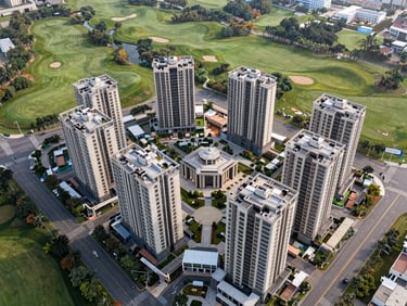 Aerial drone view of a luxury residential township under completion in Golf Course Extension Road sector, towers arranged around a central amenity podium, soft midday overcast light, surrounding green corridors visible