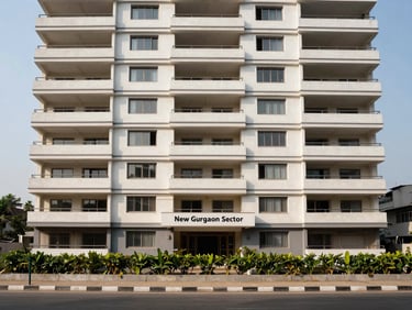 Street-level architectural photograph of a high-rise residential tower in New Gurgaon sector, clean geometric facade with horizontal banding, available daylight, wide sidewalk and green buffer visible at base