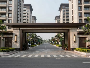 Wide environmental shot of a premium residential complex entrance on Dwarka Expressway, polished stone entrance gate, manicured approach, soft overcast daylight, no residents visible