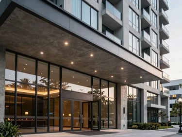 Close-up architectural detail of a modern residential tower lobby entrance on Golf Course Extension Road, recessed lighting on polished concrete ceiling, double-height glass entry, daylight spilling in from the street