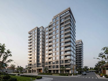 Wide environmental shot of a completed residential complex in New Gurgaon, tower block with glass balconies, landscaped ground-level approach, overcast afternoon light, no residents present