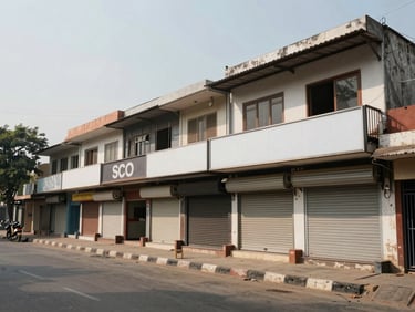 Street-level view of an SCO plot row on SPR Road Gurgaon, ground-floor retail shutters with clean signage panels, overcast natural daylight, wide architectural framing, no people