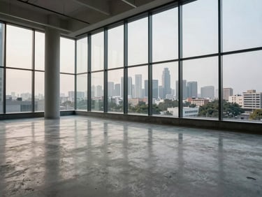 Empty modern office floor with full-height glass curtain wall, Gurgaon skyline visible through windows, soft overcast daylight, polished concrete finish, no occupants