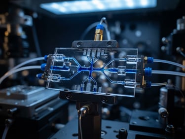 Macro close-up of a precise glass microfluidic device with cool blue and subtle gold laboratory lighting, shallow depth of field