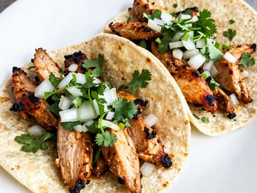 Close-up of three soft corn tortillas filled with sizzling grilled chicken, chopped onions, and fresh cilantro.