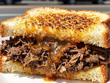 Close-up of a thick grilled cheese sandwich with pulled beef short rib oozing out, toasted sourdough.