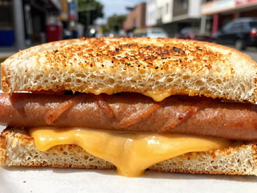 Close-up of a hot-pressed cuban sandwich cut in half, melted cheese dripping, toasted crust, outdoor lighting.