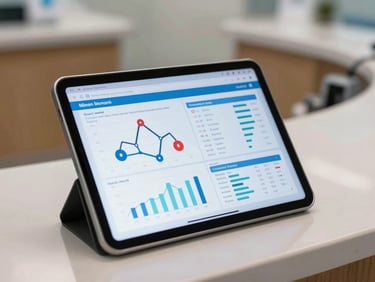 A high-end tablet displaying clean medical analytics charts, resting on a polished clinic reception desk.