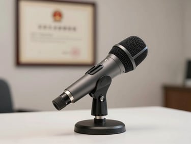 A professional slate grey microphone on a clean desk, with a soft-focus medical diploma hanging on the wall behind it.