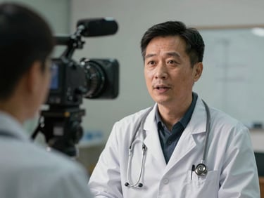 An over-the-shoulder shot of a doctor speaking confidently toward a professional camera setup under soft studio lighting.