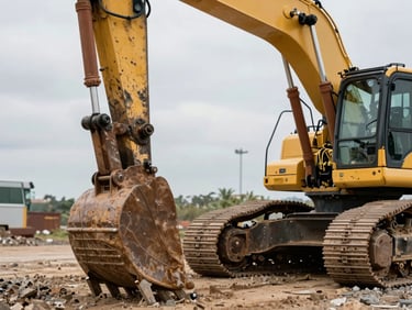 Close-up detail shot of an excavator's hydraulic arm and bucket teeth in sharp focus, overcast daylight revealing wear patterns and metal texture honestly, equipment parked in a gravel yard with open sky behind