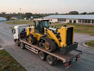 Overhead drone perspective of a flatbed truck being loaded with a compact track loader in an open equipment yard, early morning light, transaction handoff moment captured from above showing the physical scale of the machine transfer, no people as primary subject