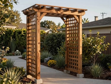 A wooden garden arbor with lattice sides standing at the entrance to a backyard path, photographed in afternoon California daylight showing the post bases set into concrete footings, clean joinery at the top beam, and surrounding landscaping