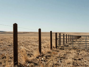 A wide ranch property fence line photographed in open Central Valley daylight, wooden posts and wire running across flat agricultural land with dry grass, a clear sky above, and a sturdy metal farm gate visible at the near end showing heavy-duty hinges