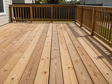 A new wood deck attached to a residential home photographed in clear daylight from a low wide angle showing the decking boards running parallel, railing posts set at even intervals, and the surrounding yard and fence line visible at the edges