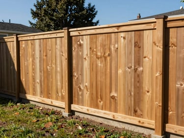 Close environmental shot of a finished cedar wood privacy fence on a residential lot in the East Bay, photographed in clear California daylight showing the vertical boards, level top rail, and properly set corner post with the yard and a tree visible beyond