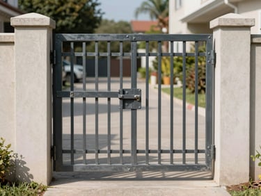 A steel security gate mounted between two solid concrete posts at a residential driveway entrance, photographed straight-on in clear daylight showing the gate hardware, hinges, and latch mechanism in detail, driveway extending behind