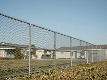 Full run of chain-link fencing along a residential property line photographed in bright daylight, showing a level top rail from end to end, taut mesh, and capped terminal posts, with a flat lawn in the foreground and a clear blue sky above