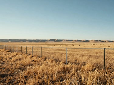 Wide environmental shot of a ranch-style chain-link fence running across an open Central Valley property in clear afternoon light — flat valley floor stretching to the horizon, dry golden grass, fence line level and taut, no people, matter-of-fact documentary framing