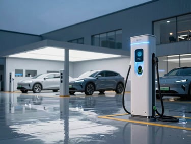 Pristine, ultra-modern automotive workshop bay with a high-tech EV charging station glowing at dusk, clean reflections on polished floor.
