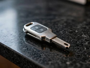 Close-up of a pristine metallic vehicle key resting on a polished black marble counter, sharp reflections, low-key dramatic studio lighting.