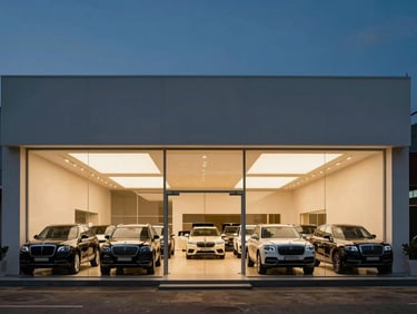 Wide cinematic shot of the modern minimalist showroom facade in Abidjan at dusk, warm interior glow contrasting with deep blue twilight sky, luxury SUVs parked neatly.