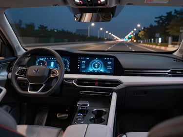 Futuristic cockpit view of a Changan UNI-K with glowing digital displays at night.