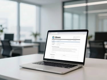 Modern office interior with a focus on a laptop displaying company registration forms, bright natural daylight, cool professional tones, clean corporate workspace, shallow depth of field, 35mm