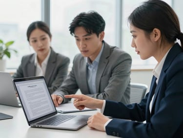 Collaborative team session around a laptop in a modern office, one professional pointing to a legal document on screen, bright natural daylight, cool professional tones, clean corporate workspace, shallow depth of field, 35mm